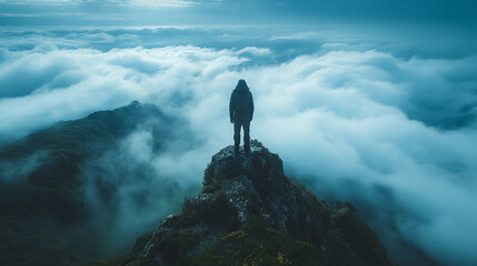 A man stands on a mountain top, looking out over a cloudy sky