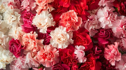 A mesmerizing display of vibrant carnation flowers in shades of red, pink, and white, arranged in a beautiful bouquet.
