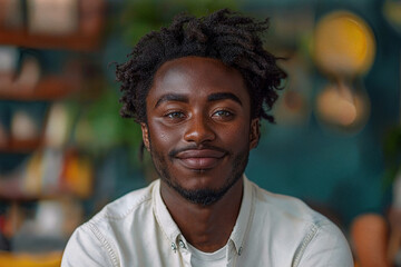 Smiling black man with dreadlocks in white shirt against blurred background, for marketing campaign