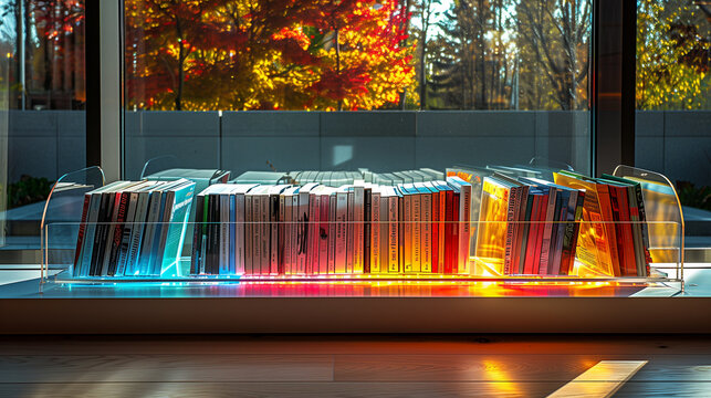 Colorful light reflections on book edges near a window.