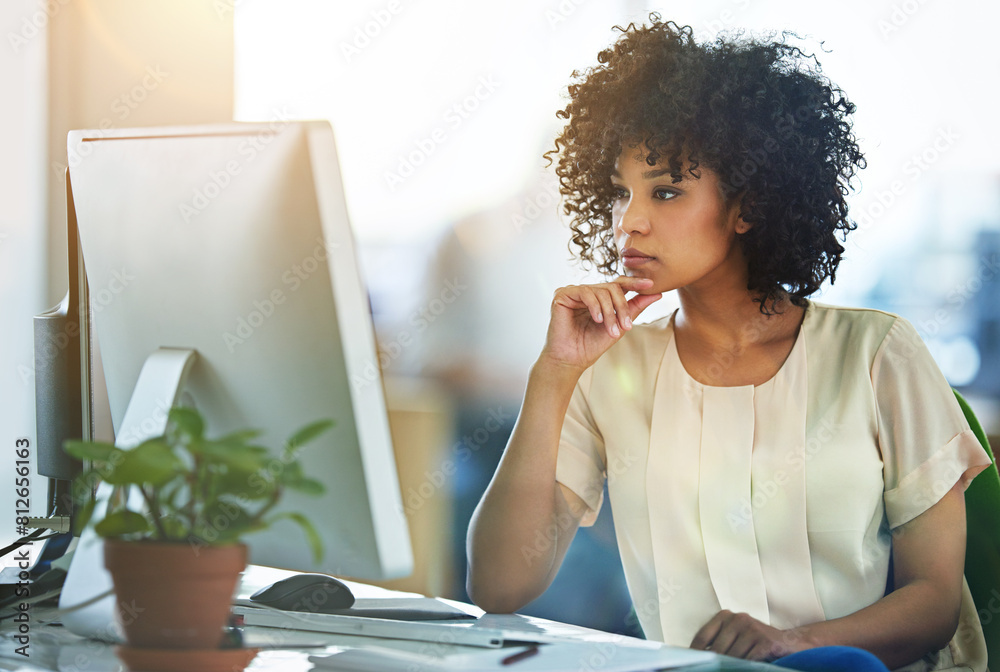 Poster office, monitor and woman with reading at desk for digital email, communication and feedback. employ