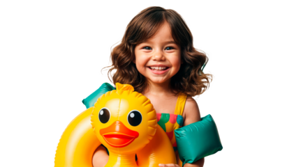 Bright-eyed young girl with wavy hair, beaming as she hugs a yellow duck float, dressed in a colorful swimsuit. Perfect for summer fun, swimming lessons, and children's fashion. PNG, transparent backg