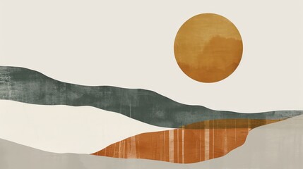 A conceptual desert landscape portrayed through textured layers and an overlying circle, simulating a sun