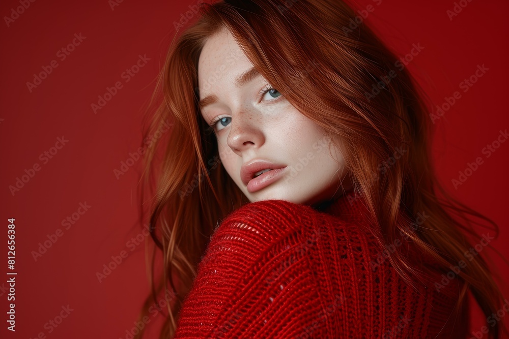 Poster Portrait of a young woman with red hair against a red background