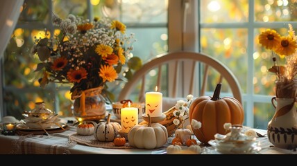 Fototapeta premium Explore spooky Halloween-themed settings and decorative tables. Transform your space with eerie ambiance, pumpkin centerpieces, and haunting decorations for a festive celebration.