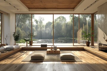 A spacious and bright living room with a panoramic view of a serene forest landscape The room...