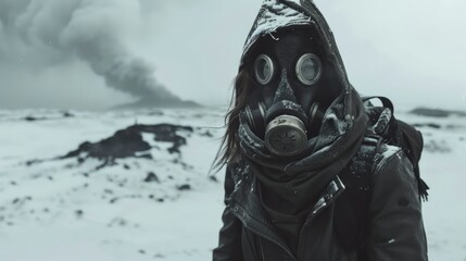 in a post-apocalyptic world, woman survivors in gas masks traverse a desolate, snowy landscape