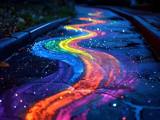 Vibrant Neon Chalk Path Guiding Pedestrians Through a Colorful Surreal Landscape