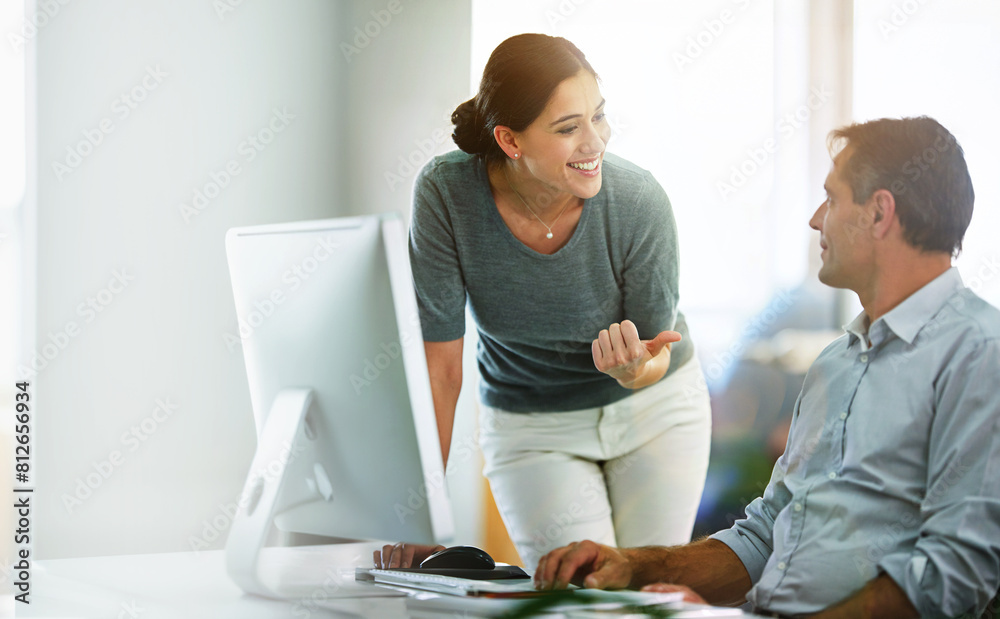 Poster computer, training or smile with employee and mentor in office together for discussion. business, te