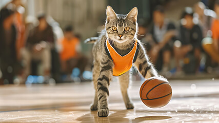 Cat dribbling a basketball in a game with a focused expression.