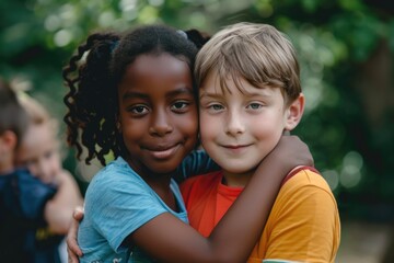 Two young children embracing in a park, suitable for family and love concepts