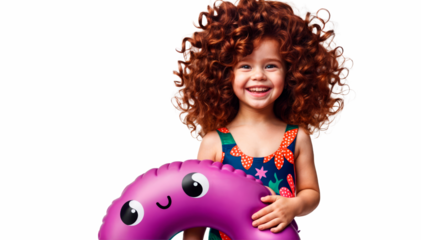 Happy young girl with vibrant curly hair, clutching a purple pool float, dressed in a polka-dot swimsuit. Ideal for summer, pool parties, and children's fashion. PNG, transparent background