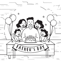 Happy fathers day greeting card with family and cake