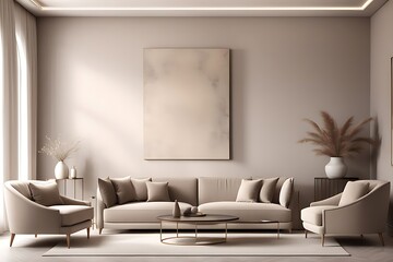 Light beige living room - modern interior hall and furniture design. Mockup for art - ivory taupe empty texture plaster microcement wall. Luxury premium nude accent lounge reception. 3d render	