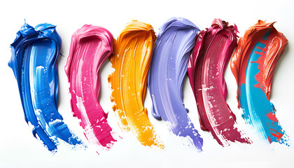 Set with strokes of colorful oil paints on white background, top view