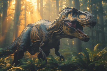 A realistic depiction of a dinosaur among dense fog and vibrant foliage, capturing the primeval...