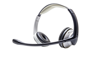 A black and white headset with a microphone on the left side and a white earpiece on the right