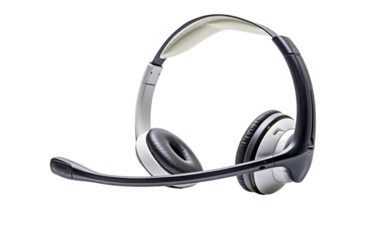A black and white headset with a microphone on the left side and a white earpiece on the right