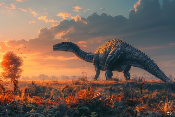 An immense dinosaur wanders through a mystical prehistoric landscape, with a dramatic orange sky at...