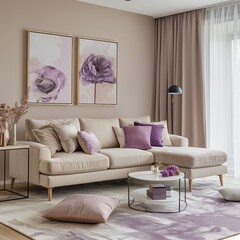 Chic Living Room with Lavender Tones, Ideal for Stylish and Serene Interior Design