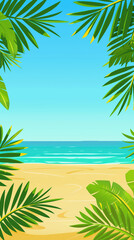 Obraz premium Vertical tropical beach wallpaper with green palm leaves and copy space