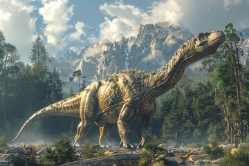 Evocative image of a dinosaur standing powerfully on a riverbank in a dense forest with mountainous...