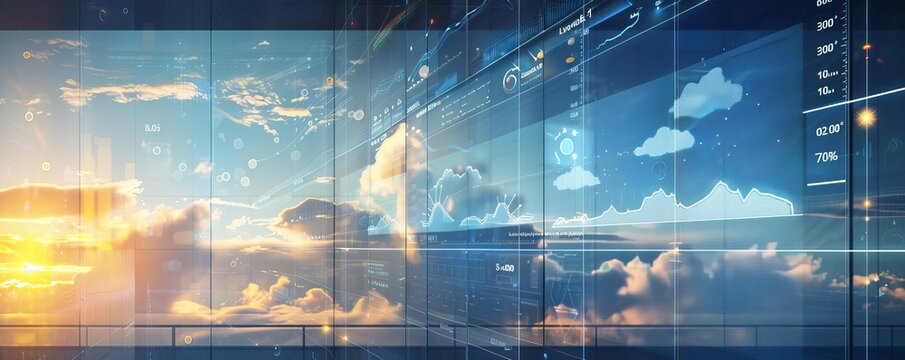 Advanced weather prediction window in a side view, where digital clouds and sun animations forecast the weather live  Weather portal  advanced tone  Monochromatic Color Scheme