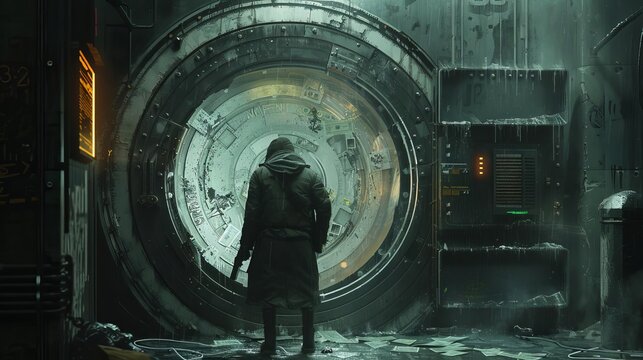 Conceptualize a scene inside a black market vault, where a robber cracks a safe filled with contraband currency