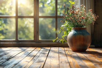 A single vase with flowering branches graces a sunlit rustic wooden window sill, epitomizing warmth and simplicity