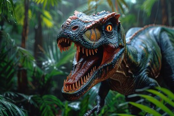 A detailed, lifelike Velociraptor dinosaur model positioned among tropical foliage, capturing the...