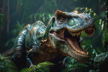 A dramatic portrayal of a dinosaur model with an open mouth in a lush, prehistoric jungle...