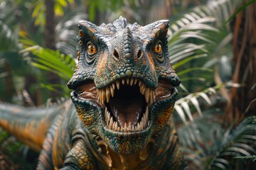 Intensely detailed image of a lifelike dinosaur model with mouth open as if roaring amidst foliage