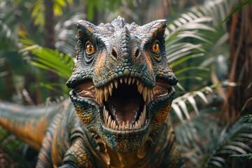 Obraz premium Intensely detailed image of a lifelike dinosaur model with mouth open as if roaring amidst foliage