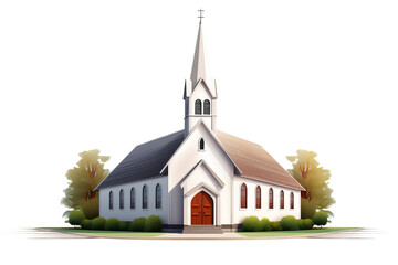 A white church with a red door and a steeple. The church is surrounded by trees and bushes