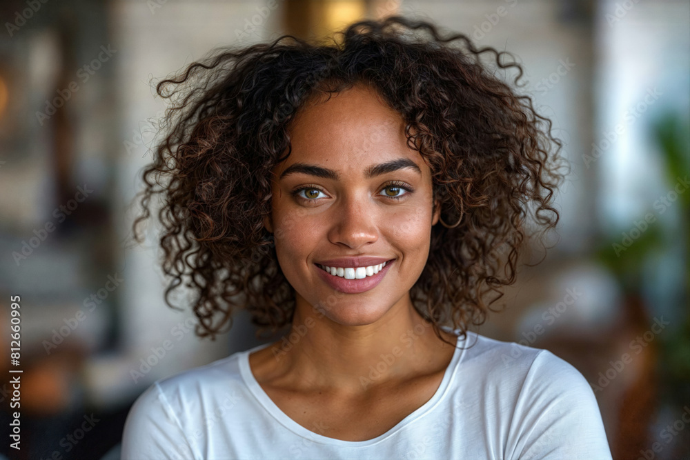 Poster Smiling woman with curly hair in white t-shirt in a minimalist setting with blurred background