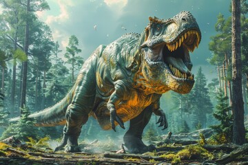 This vivid portrayal shows a Tyrannosaurus Rex taking a peaceful walk in a brightly illuminated woodland