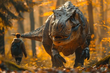 An audacious explorer confronts a fierce Tyrannosaurus Rex in an autumnal forest, emanating bravery and adventure