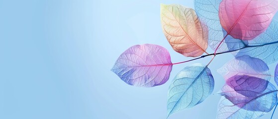 Colorful transparent leaves in pastel style on a blue background with copy space. Leaf texture, leaf background with veins and cells.