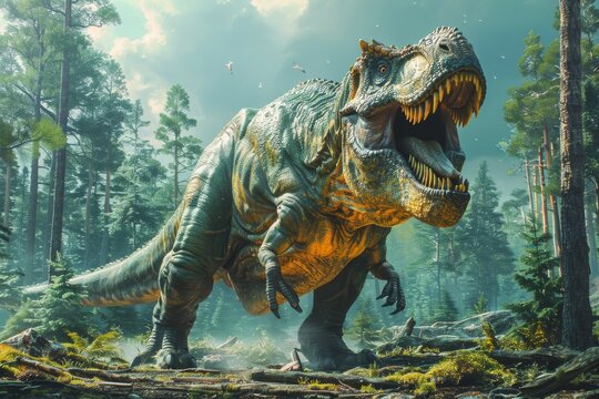 This vivid portrayal shows a Tyrannosaurus Rex taking a peaceful walk in a brightly illuminated woodland