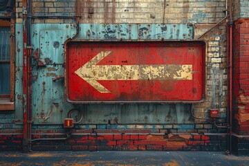 A vibrant red arrow sign on a teal metal wall, with visible signs of wear and rust