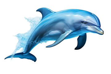 A blue dolphin is leaping out of the water. The image has a lively and energetic mood, as the dolphin appears to be in motion and enjoying its time in the water