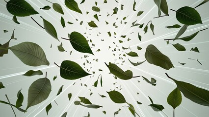 Flying green leaves isolated on white background