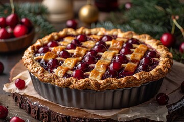 This image features a classic cherry pie in a tart pan with fresh cherries on top, sitting on a wooden surface