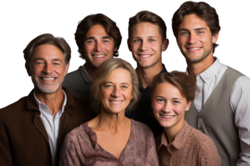 A family of six people are smiling for the camera. The family consists of a man, a woman, and four children. The man is wearing a brown jacket, and the woman is wearing a brown shirt