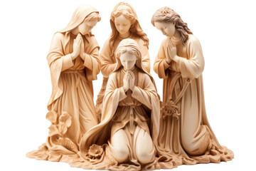 A group of statues of women praying. The statues are of different sizes and are arranged in a row. The statues are made of wood and are placed on a white background