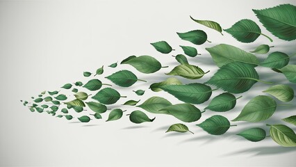 Flying green leaves isolated on white background