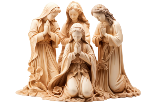 A group of statues of women praying. The statues are of different sizes and are arranged in a row. The statues are made of wood and are placed on a white background