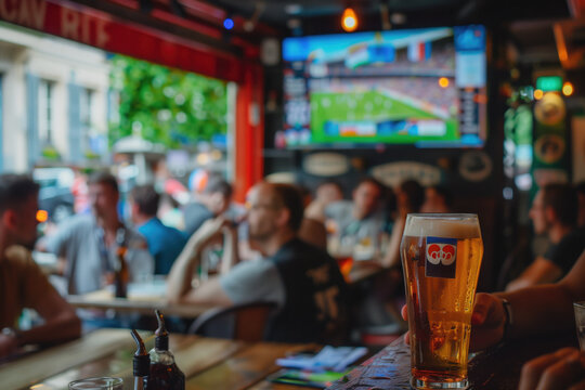 People enjoying a sports game at a local pub with a pint of beer.