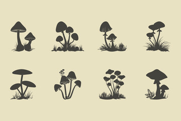 Mushroom silhouettes, graphic drawing bundle set