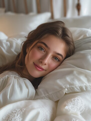 A woman is laying on a bed with her head on a pillow. She has a smile on her face and is looking at the camera. Concept of relaxation and comfort, as the woman is in a cozy and familiar environment